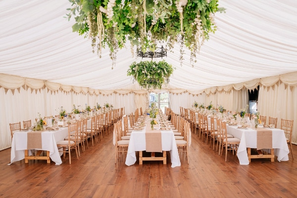 Chenies Manor House marquee set out for wedding reception
