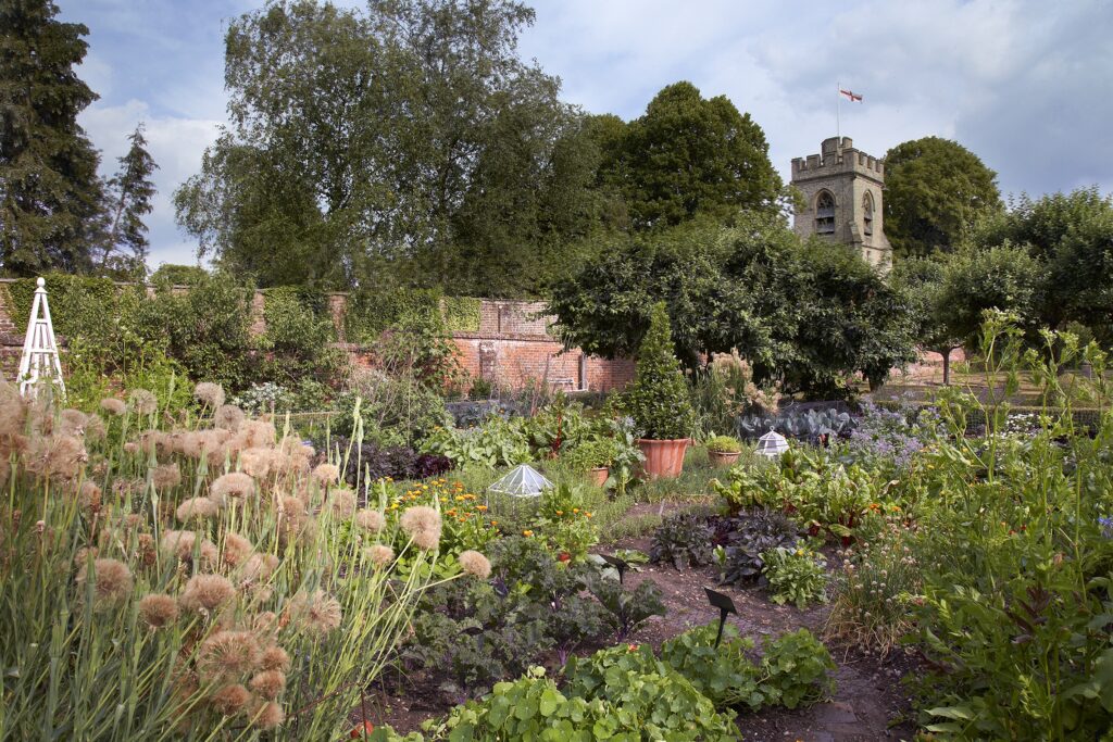 Chenies Manor House kitchen garden overlooked by Chenies church